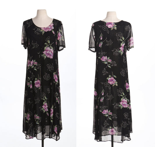 90's Floral Print Black Long Summer Dress