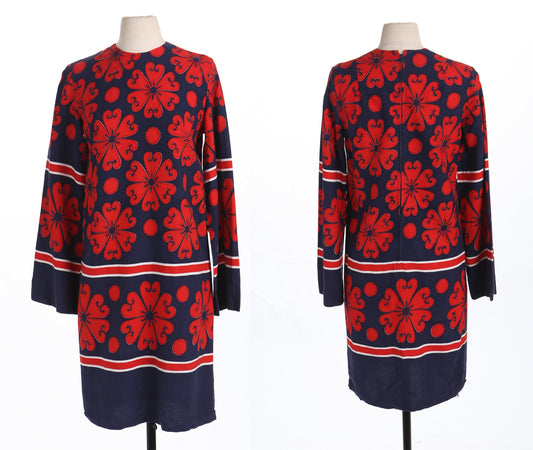 70's Red Flower Print Blue Summer Dress