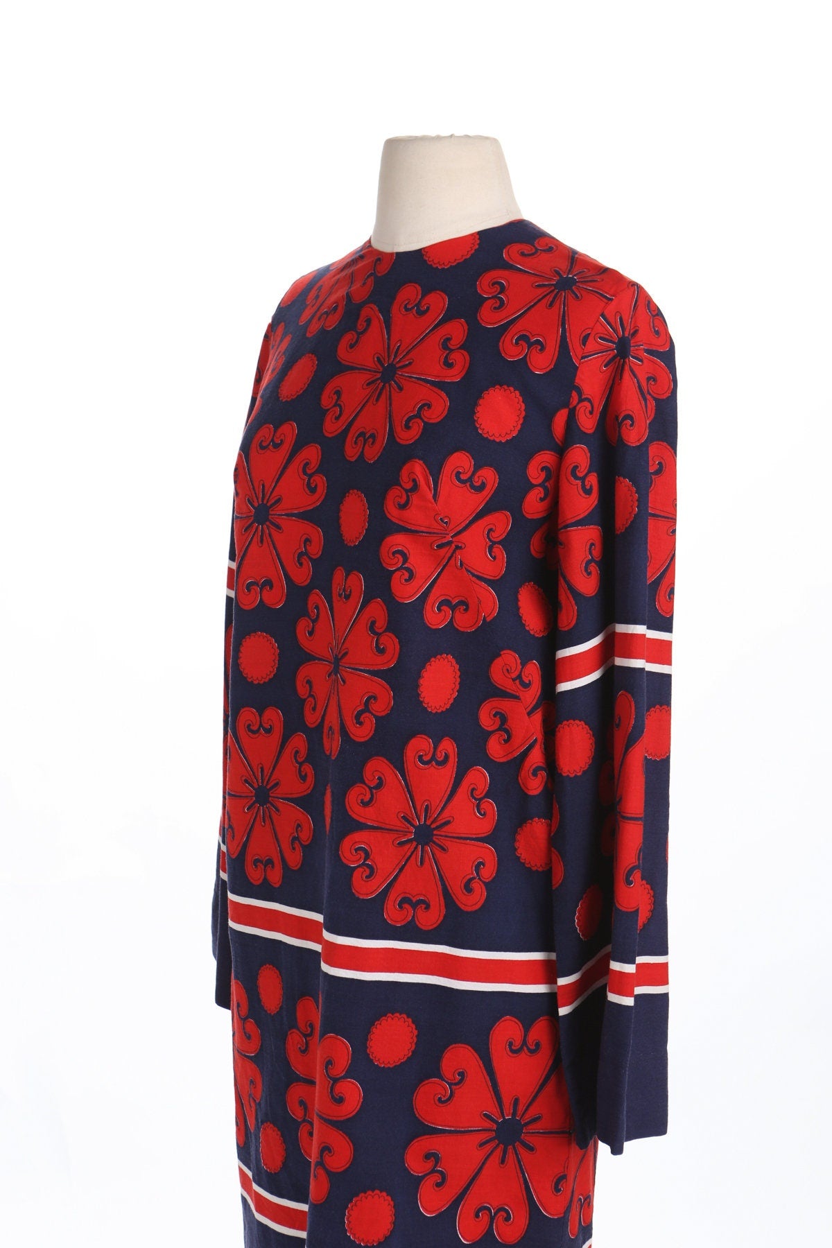 70's Red Flower Print Blue Summer Dress