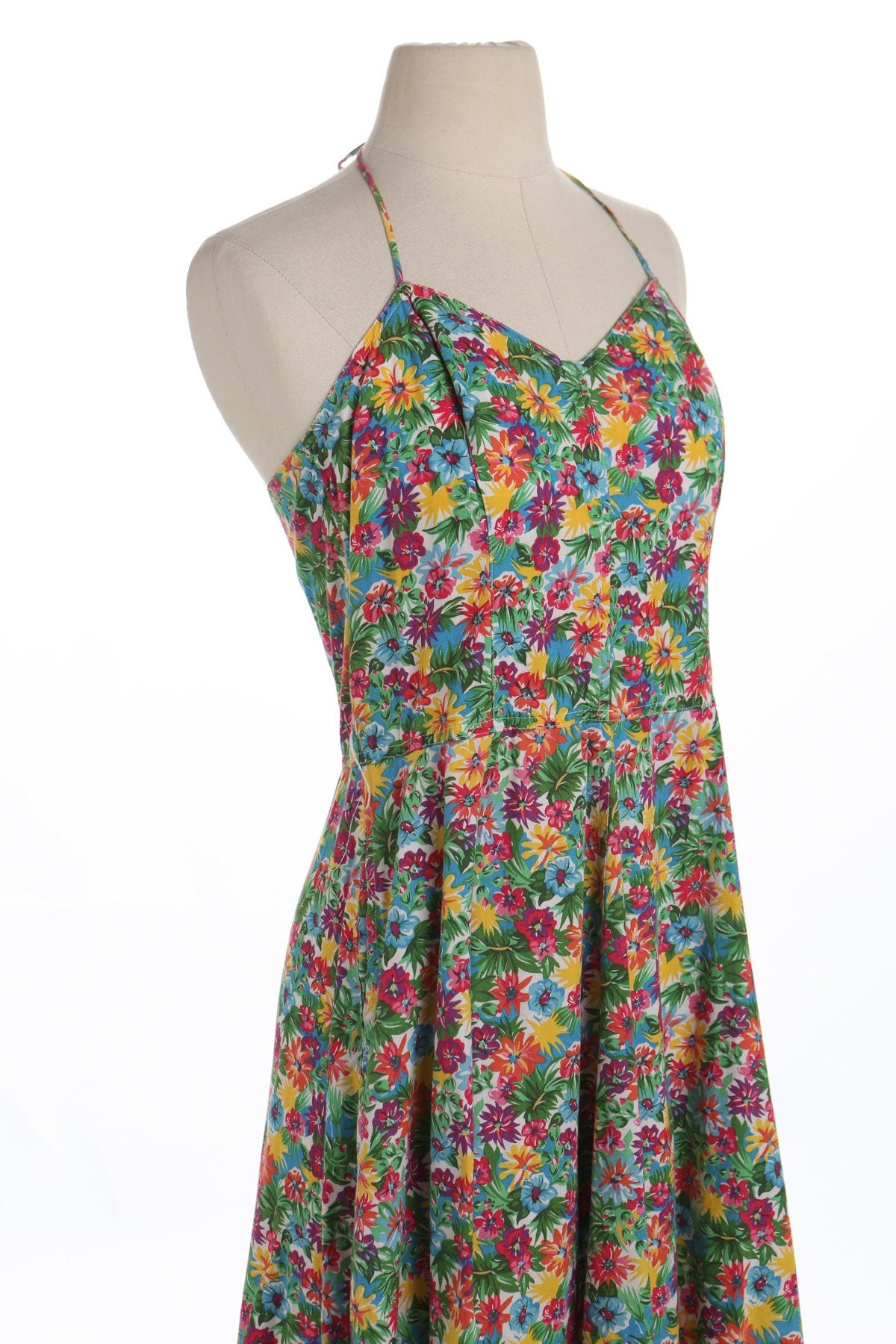 90's Floral Print Cotton Summer Strap Colored Dress