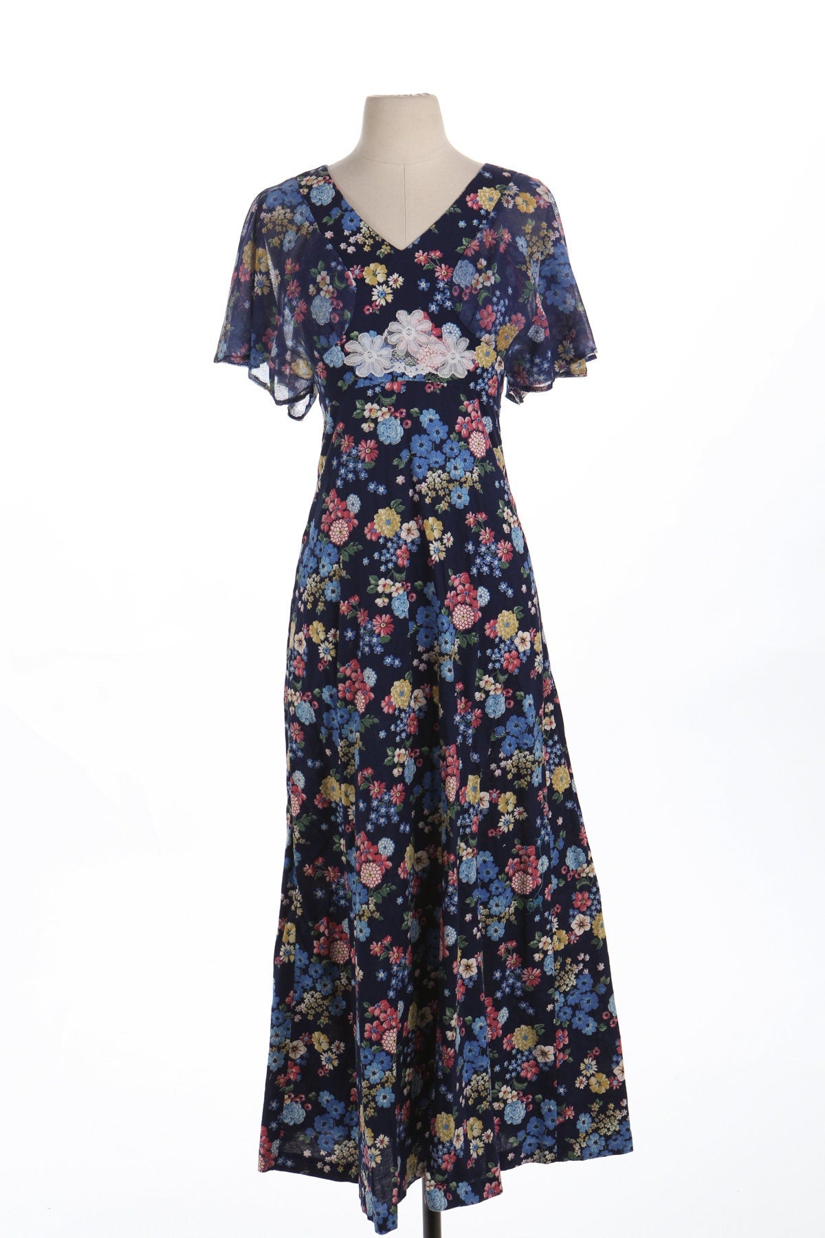 Vintage Women Long Floral Print Blue Summer Dress
