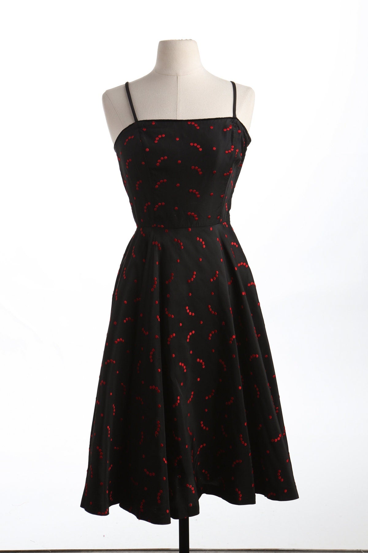 Vintage Women Black Red Dotted Casual Sleeveless Summer Dress