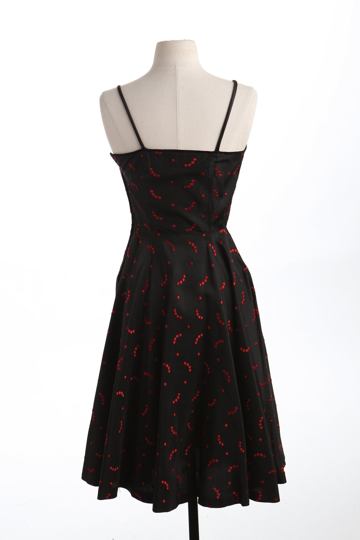 Vintage Women Black Red Dotted Casual Sleeveless Summer Dress