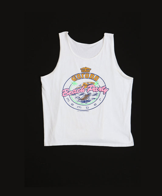 Vintage Corona Beach Party Print White Tank Top