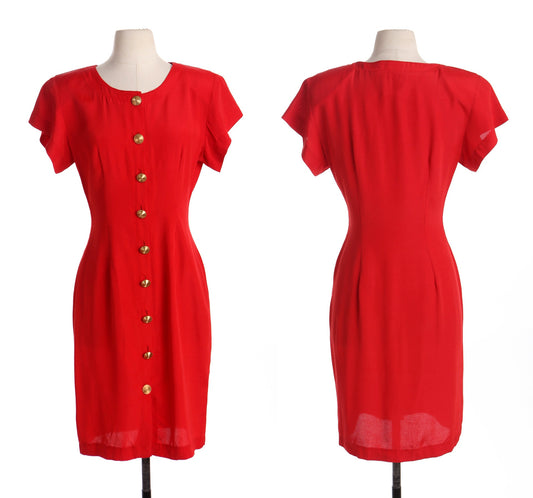 90's Women Red Casual Dress with Golden Buttons