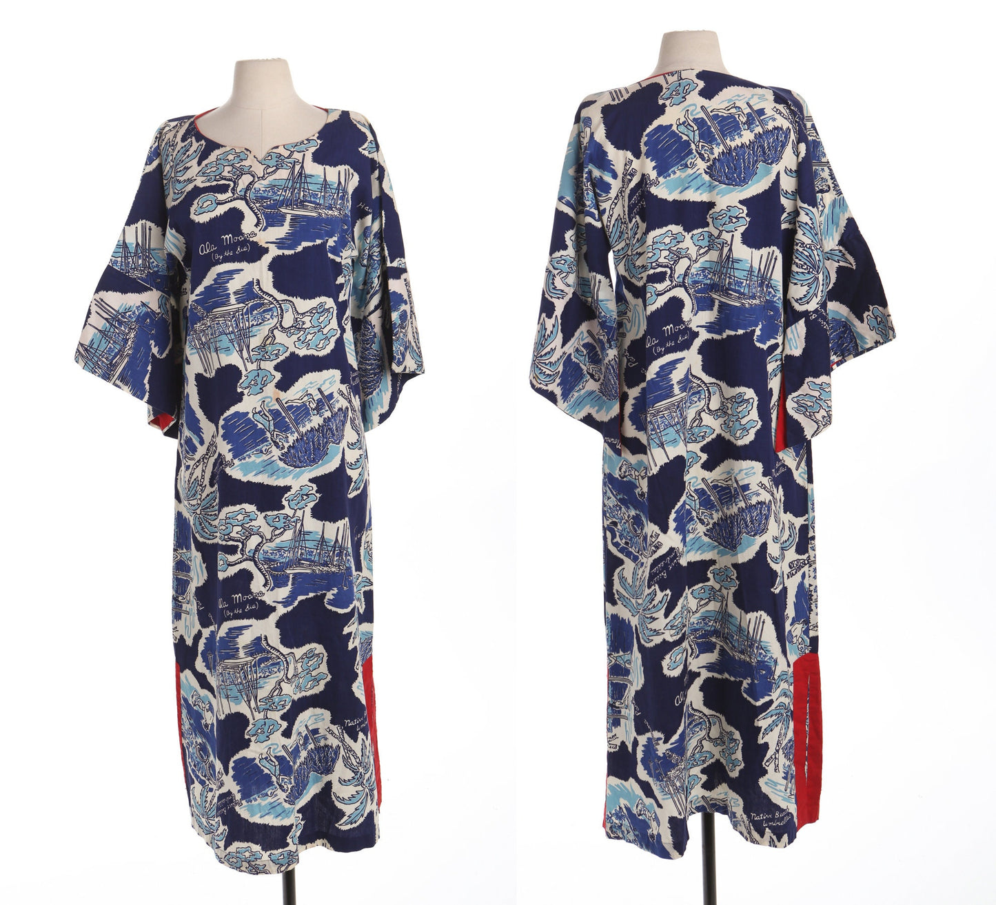 Vintage Women Blue and White Kimono Style Hawaiian 40's - 50's Dress