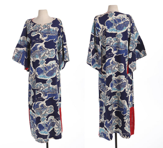 Vintage Women Blue and White Kimono Style Hawaiian 40's - 50's Dress