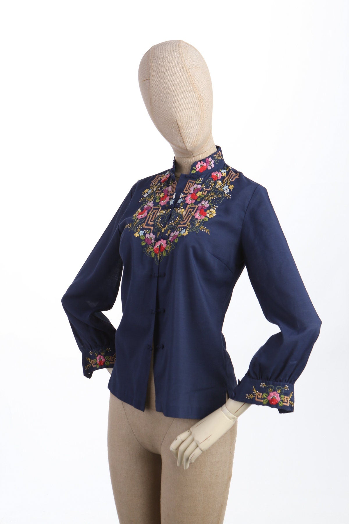 Vintage Cheogsam Blue Blouse With Floral Embroidery