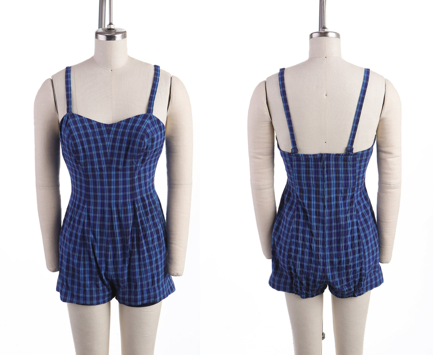 Vintage Women Blue Plaid Swimsuit