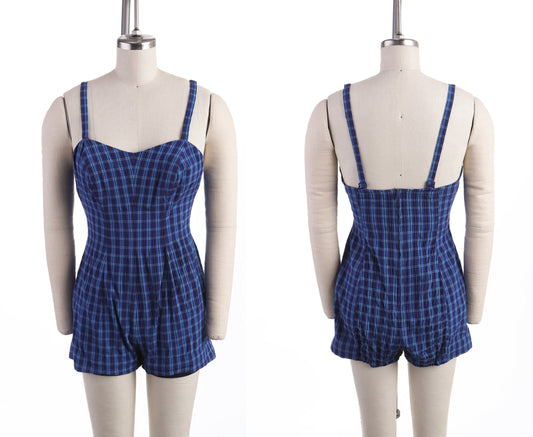 Vintage Women Blue Plaid Swimsuit