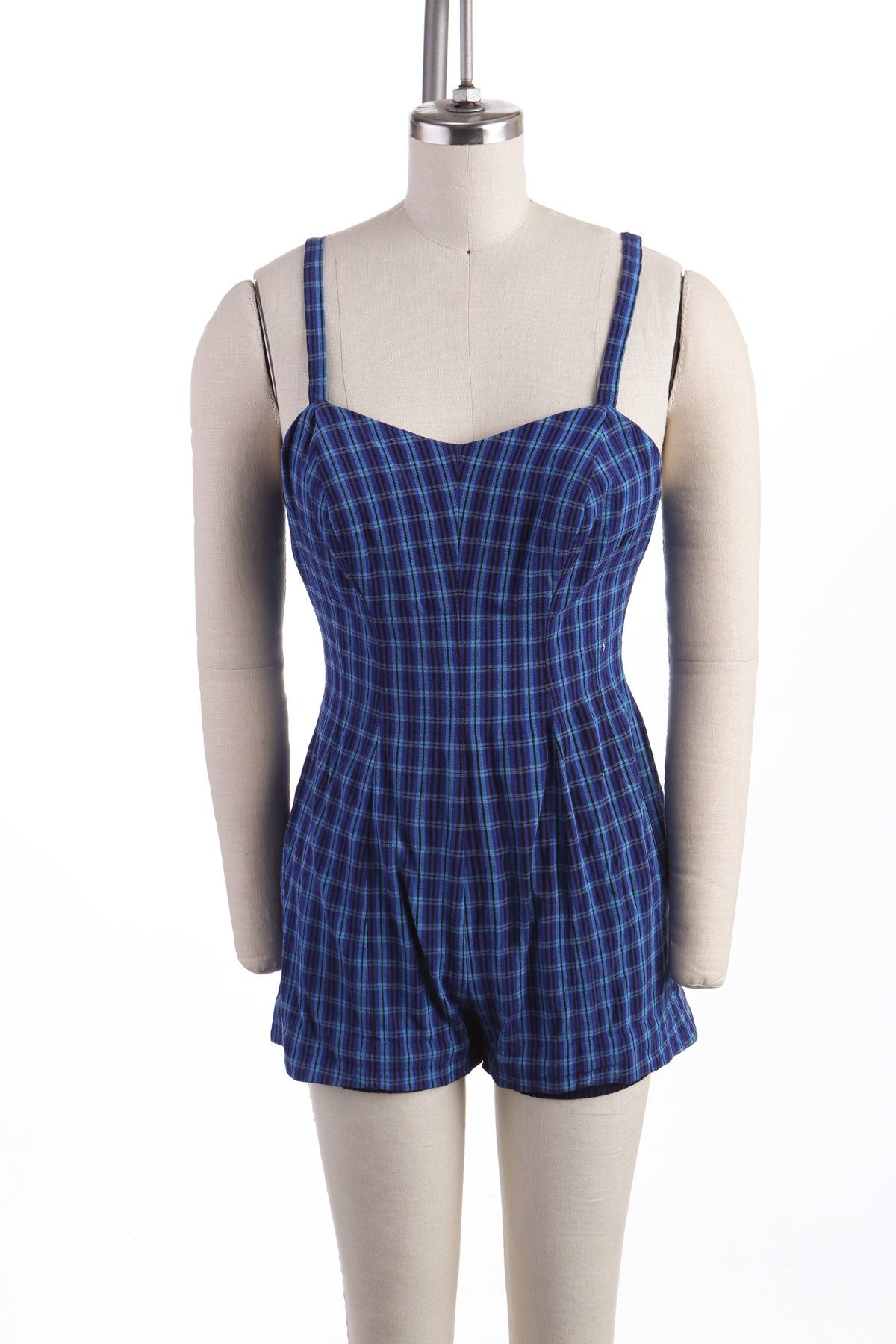 Vintage Women Blue Plaid Swimsuit