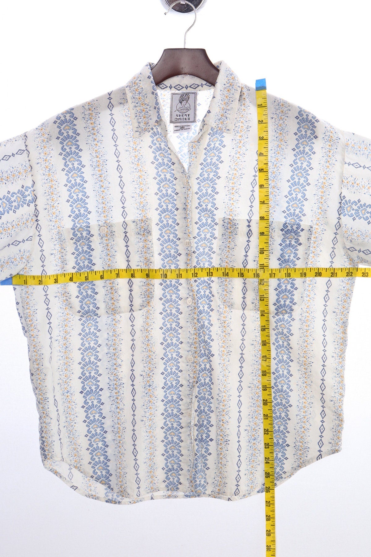 Vintage Men Block Print White Short Sleeve Cotton Shirt