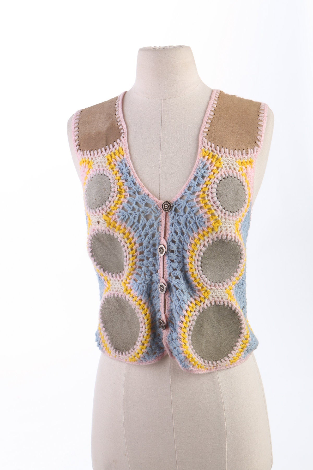 70's Women Suede Knitted Button Up Vest