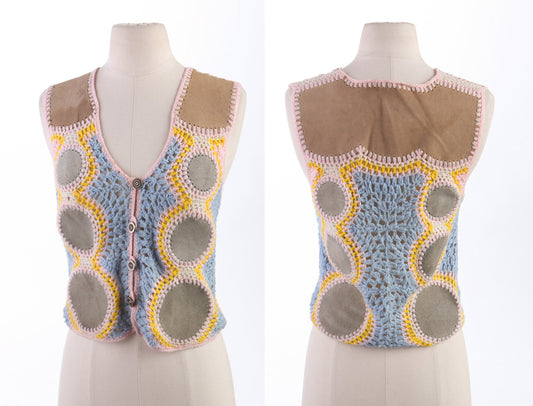 70's Women Suede Knitted Button Up Vest