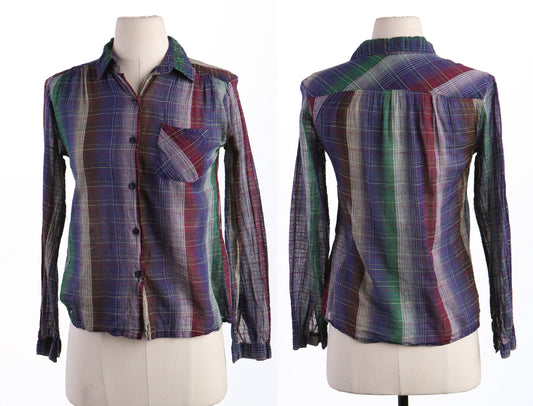 70's Women Plaid Cotton Button Up Blouse