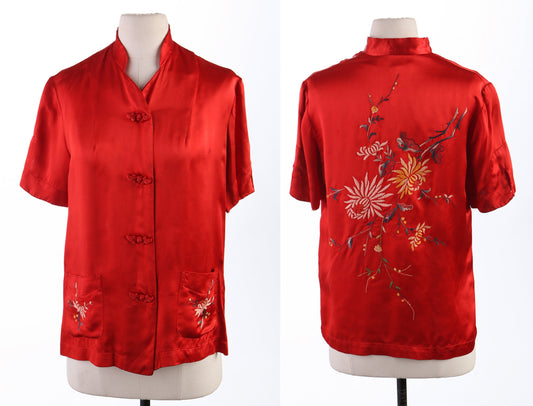 Vintage Red Cheongsam Flowers Embroidered Blouse