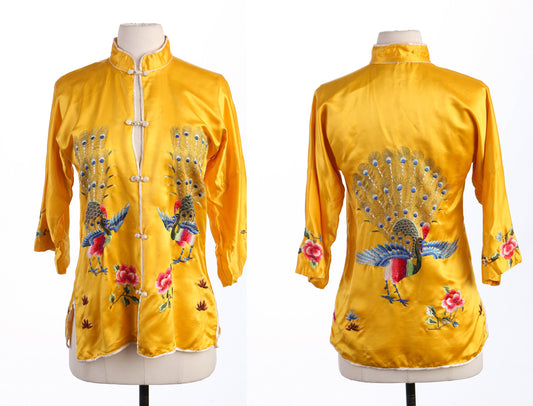 Vintage Yellow Cheogsam Chinese Embroidered Peacock Blouse