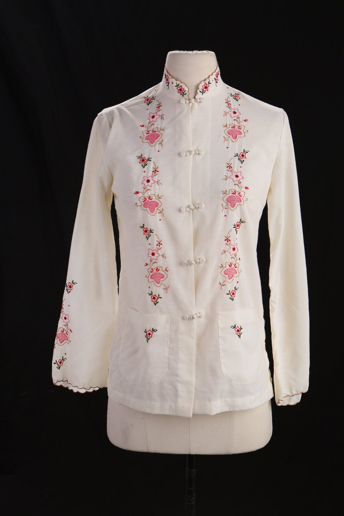 Vintage Women Chinese Cheongsam Floral Embroidered White Blouse
