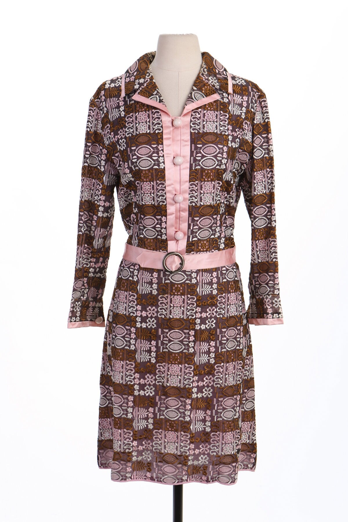 70's Women Brown and Pink Lace Mod Casual Dress