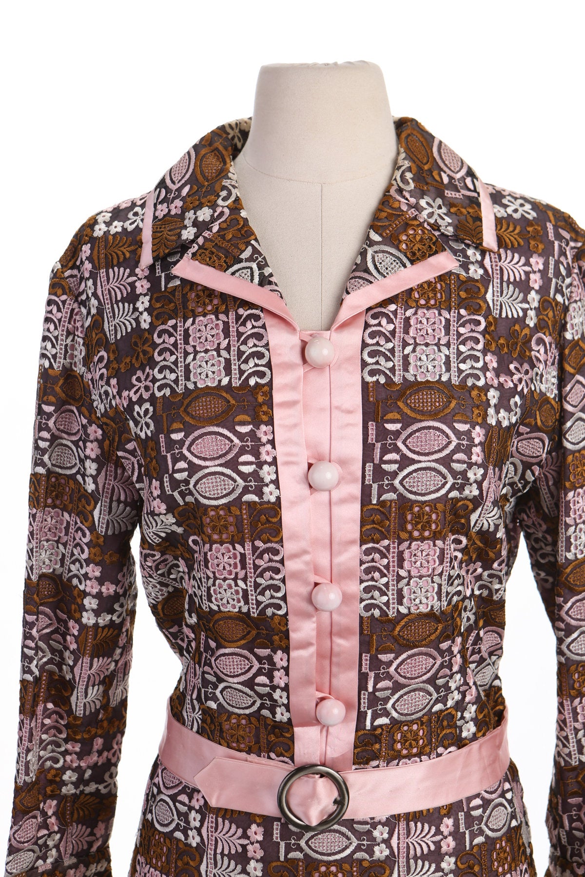 70's Women Brown and Pink Lace Mod Casual Dress