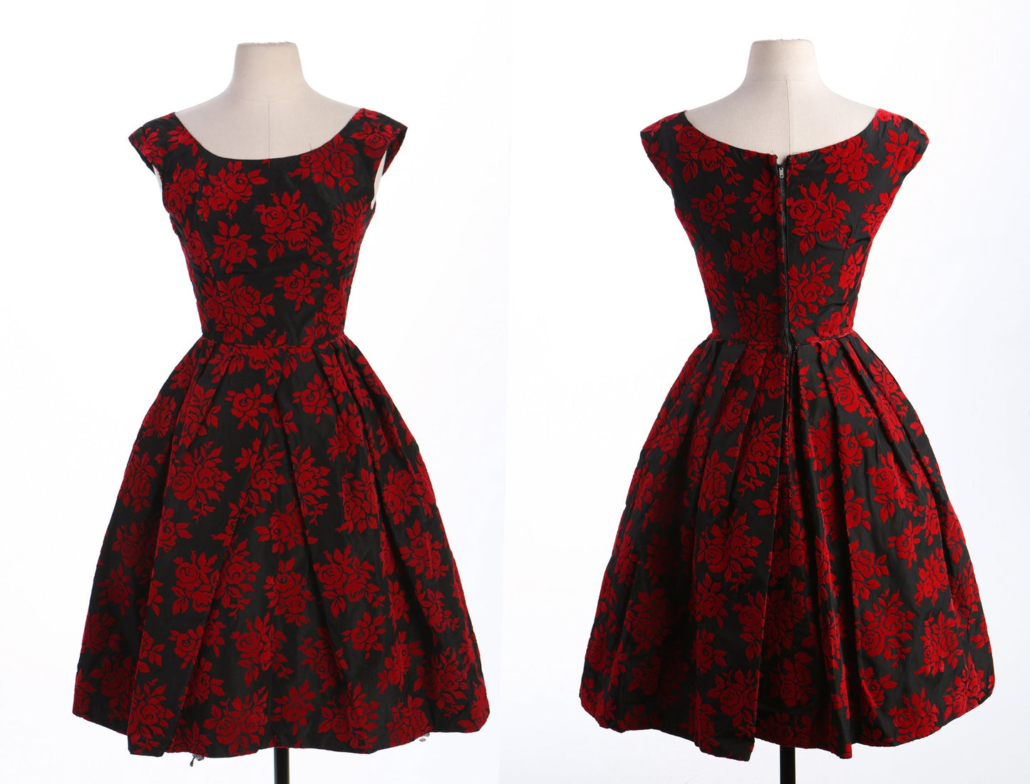 50's Women Black And Red Roses Print Short Sleeveless Evening Dress