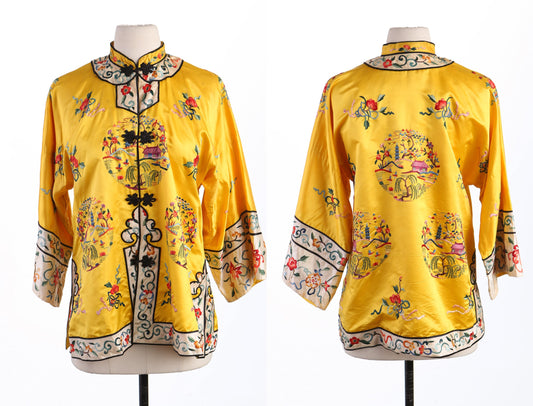 Vintage Women Cheongsam Yellow Embroidered Blouse