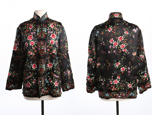 Vintage Women Black Chinese Floral Embroidered Jacket