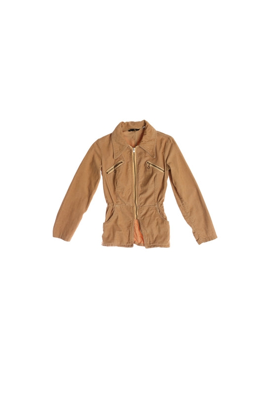 Vintage Women Beige Corduroy Zipper Jacket - Era 60's - 70's