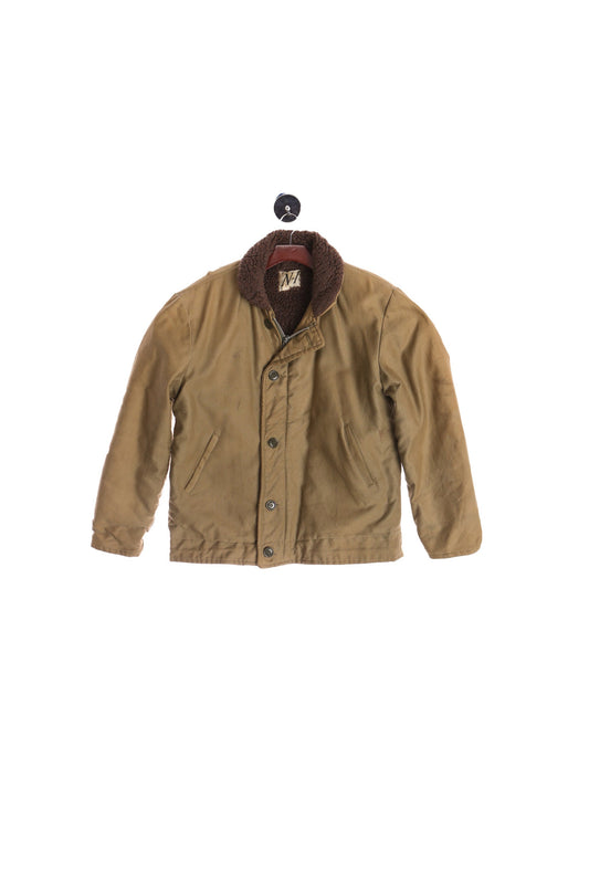 Vintage Military Green Canvas Brown Sherpa Jacket - N-1 Deck Jacket - USN