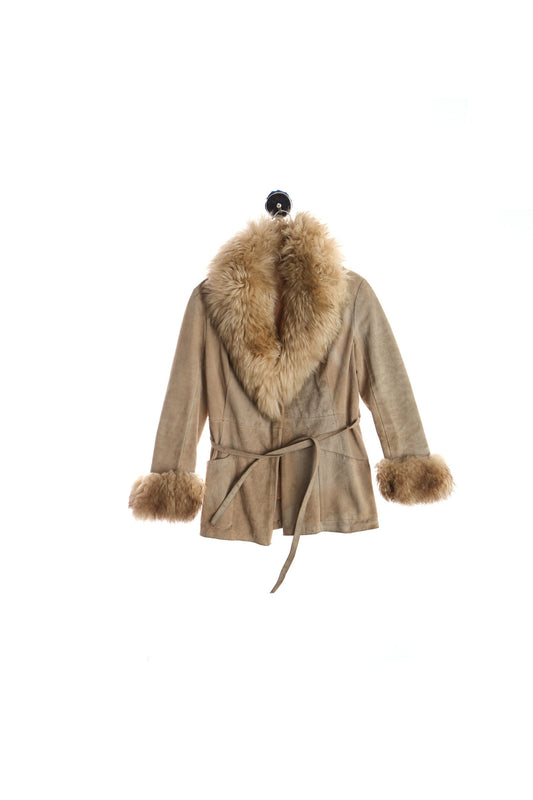 Women Beige Suede Coat With Fur Collar
