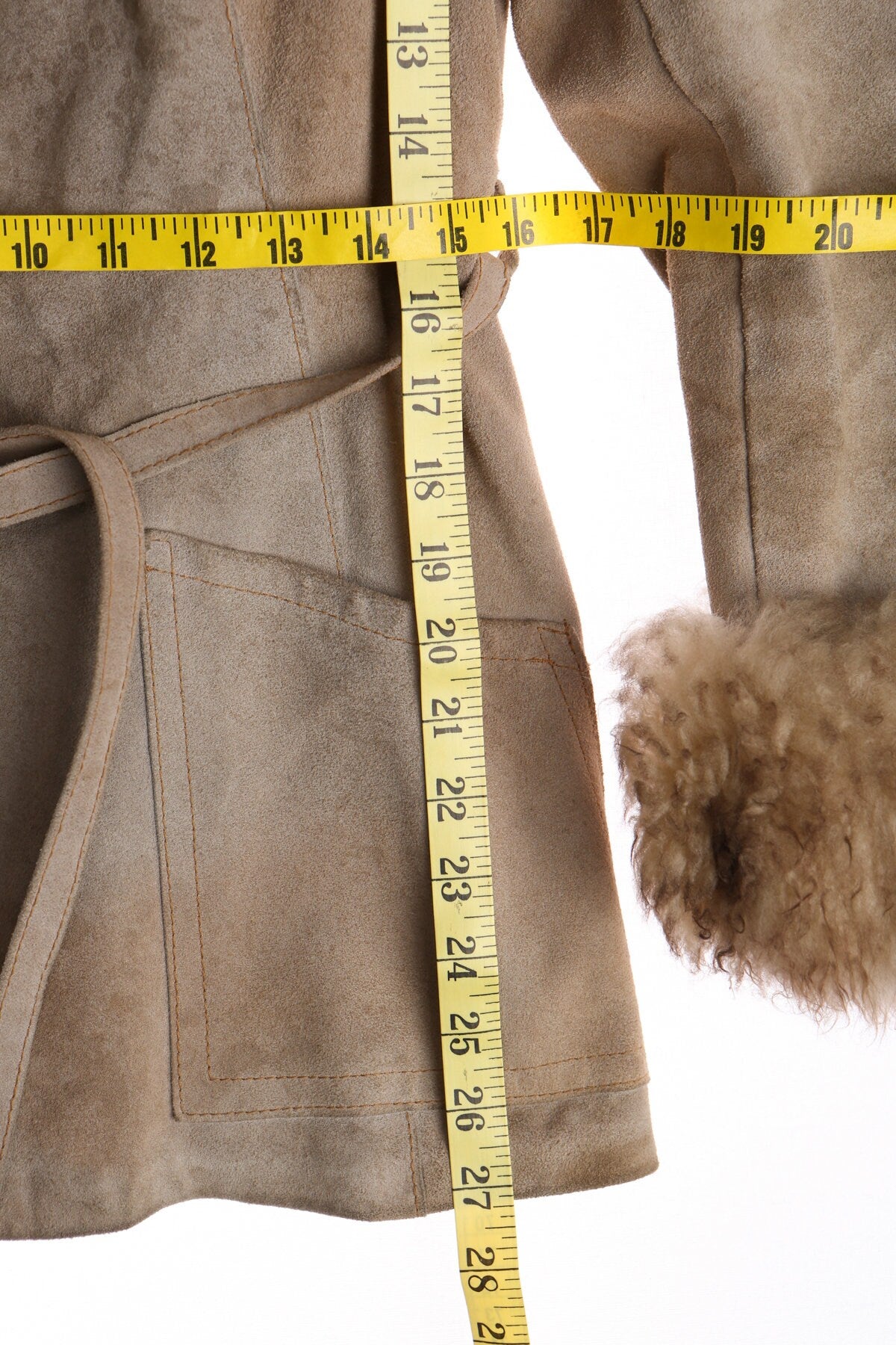 Women Beige Suede Coat With Fur Collar
