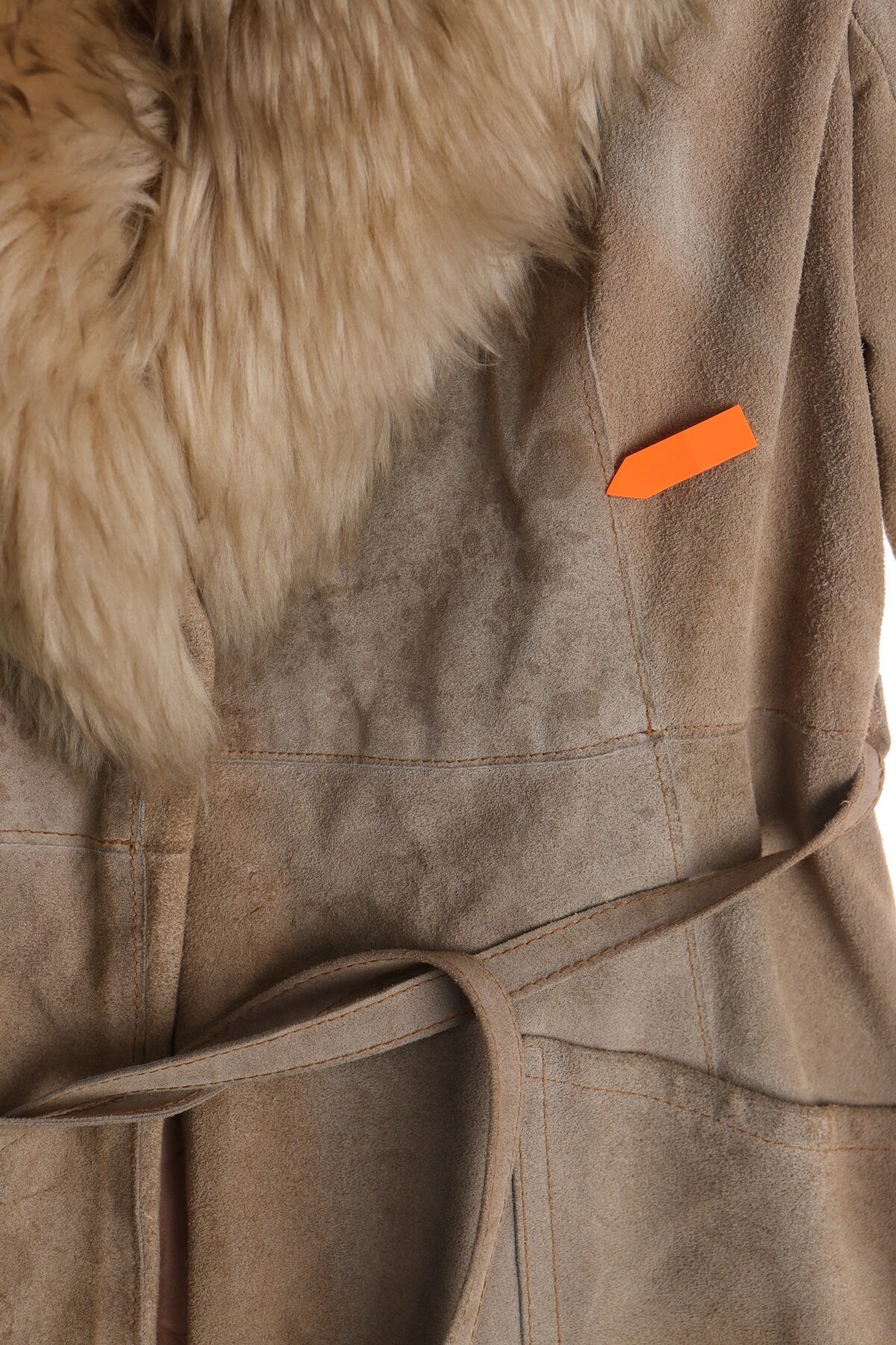 Women Beige Suede Coat With Fur Collar