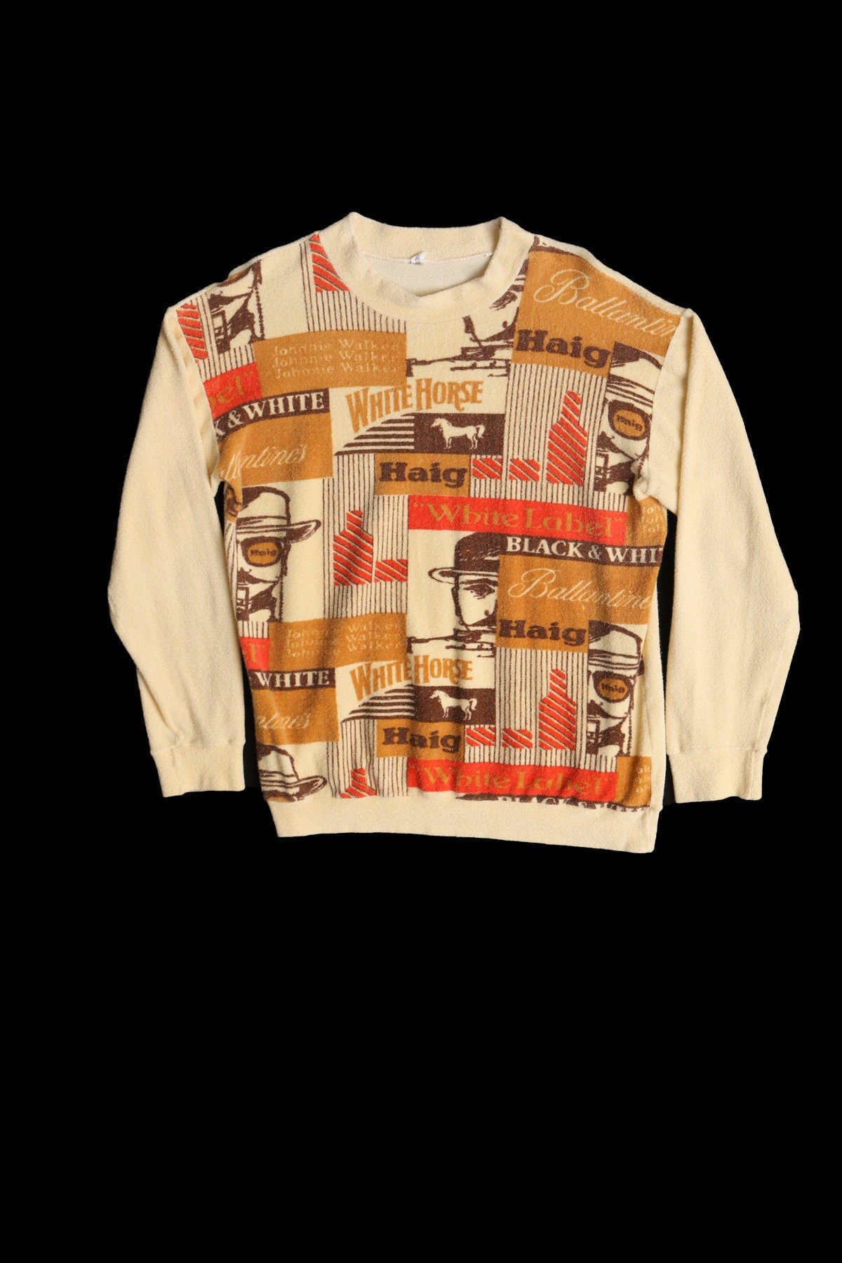 70's Men Beige Velour Graphic Long Sleeve Shirt - White Horse Haig Print