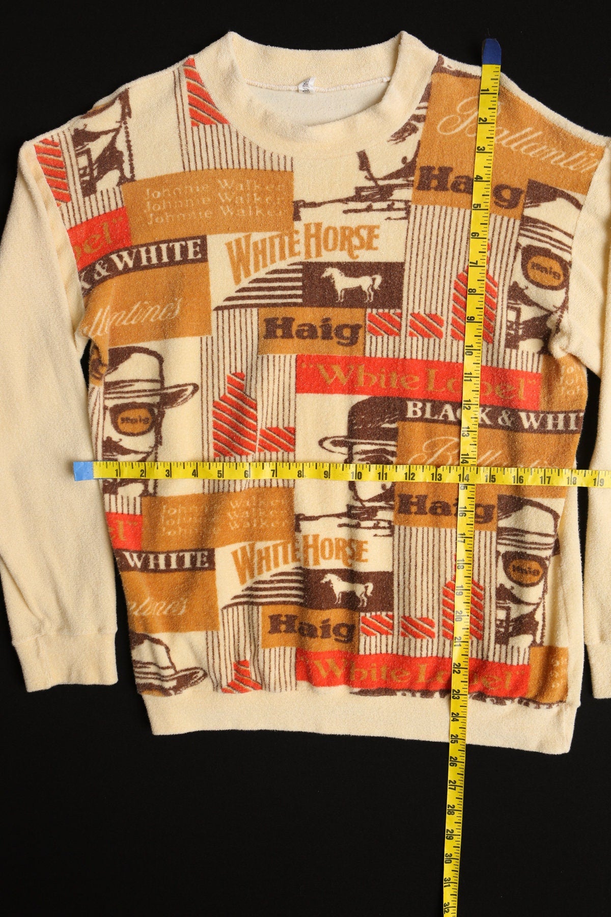 70's Men Beige Velour Graphic Long Sleeve Shirt - White Horse Haig Print