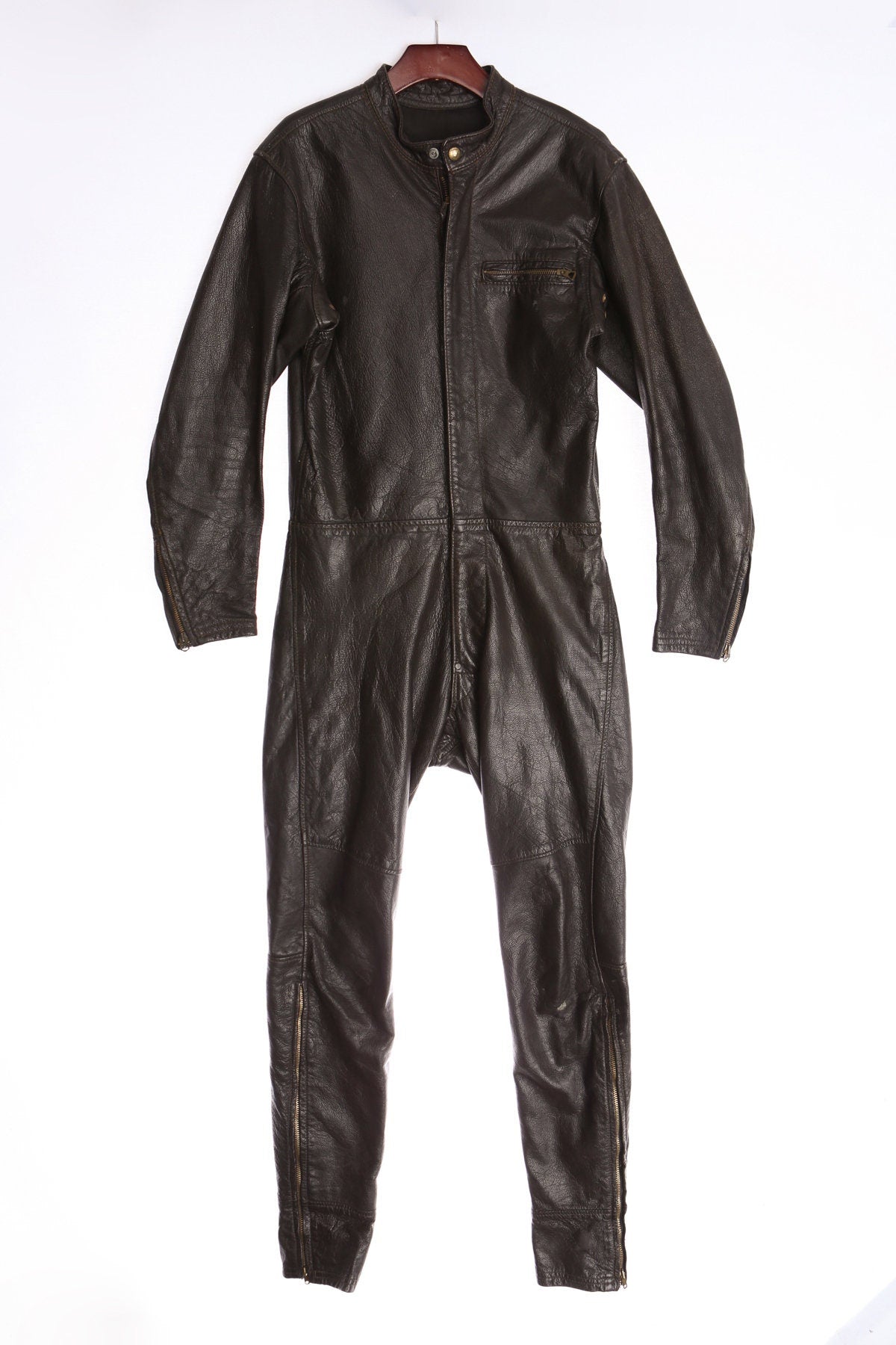 Vintage Motorcycle Drag Racing Brown Leather Jumpsuit