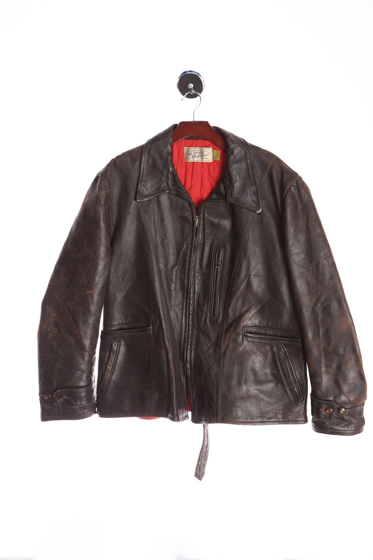 Hercules Vintage Brown Leather Coat With Waist Belt - Era ( 40's - 50's )