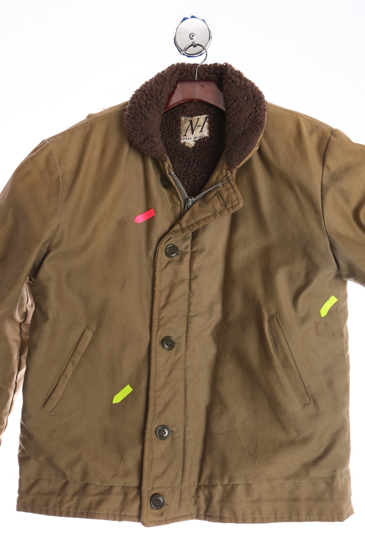 Vintage Military Green Canvas Brown Sherpa Jacket - N-1 Deck Jacket - USN