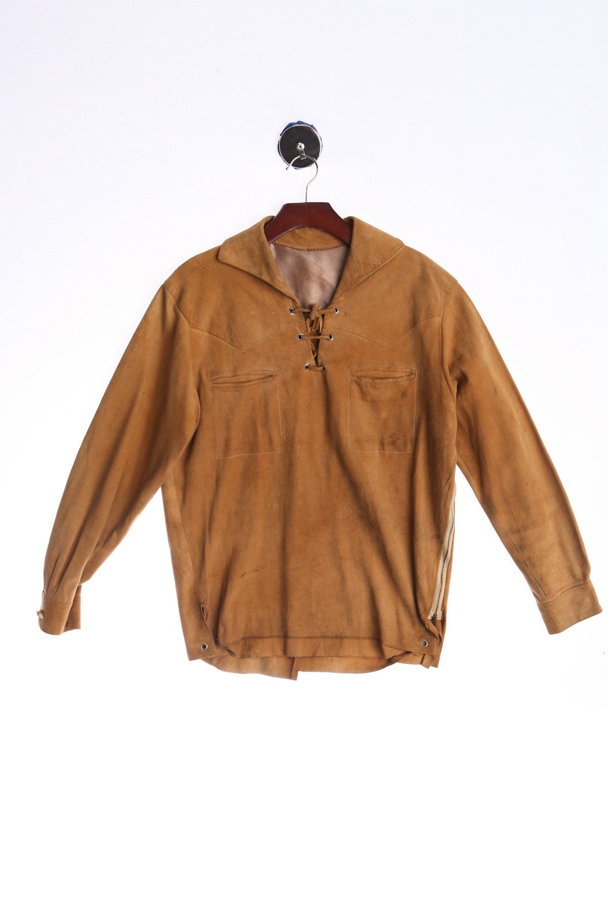 Vintage Men Boho Tan Suede Shirt With Side Zipper Closure