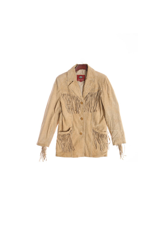 Women Beige Western Fringe Suede Jacket