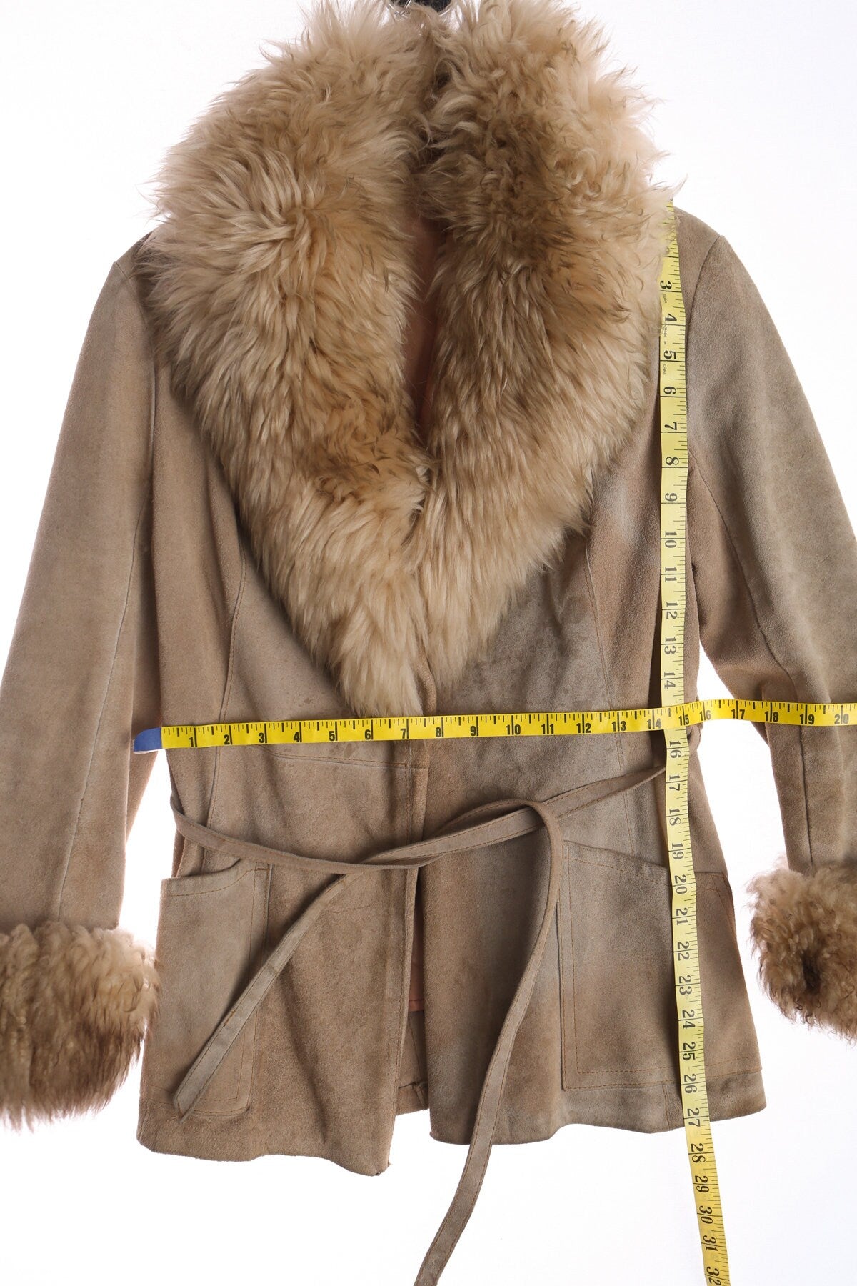 Women Beige Suede Coat With Fur Collar