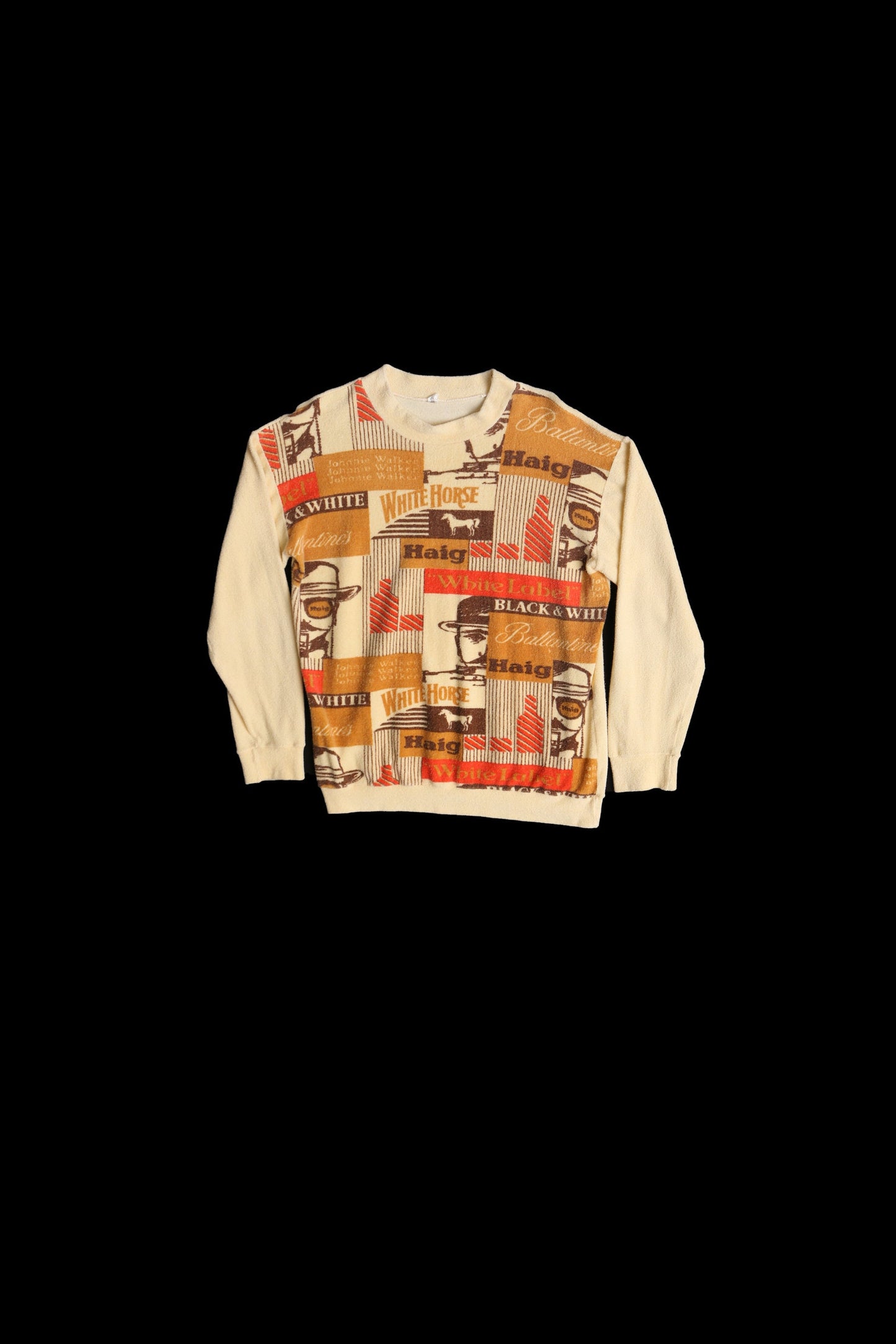 70's Men Beige Velour Graphic Long Sleeve Shirt - White Horse Haig Print