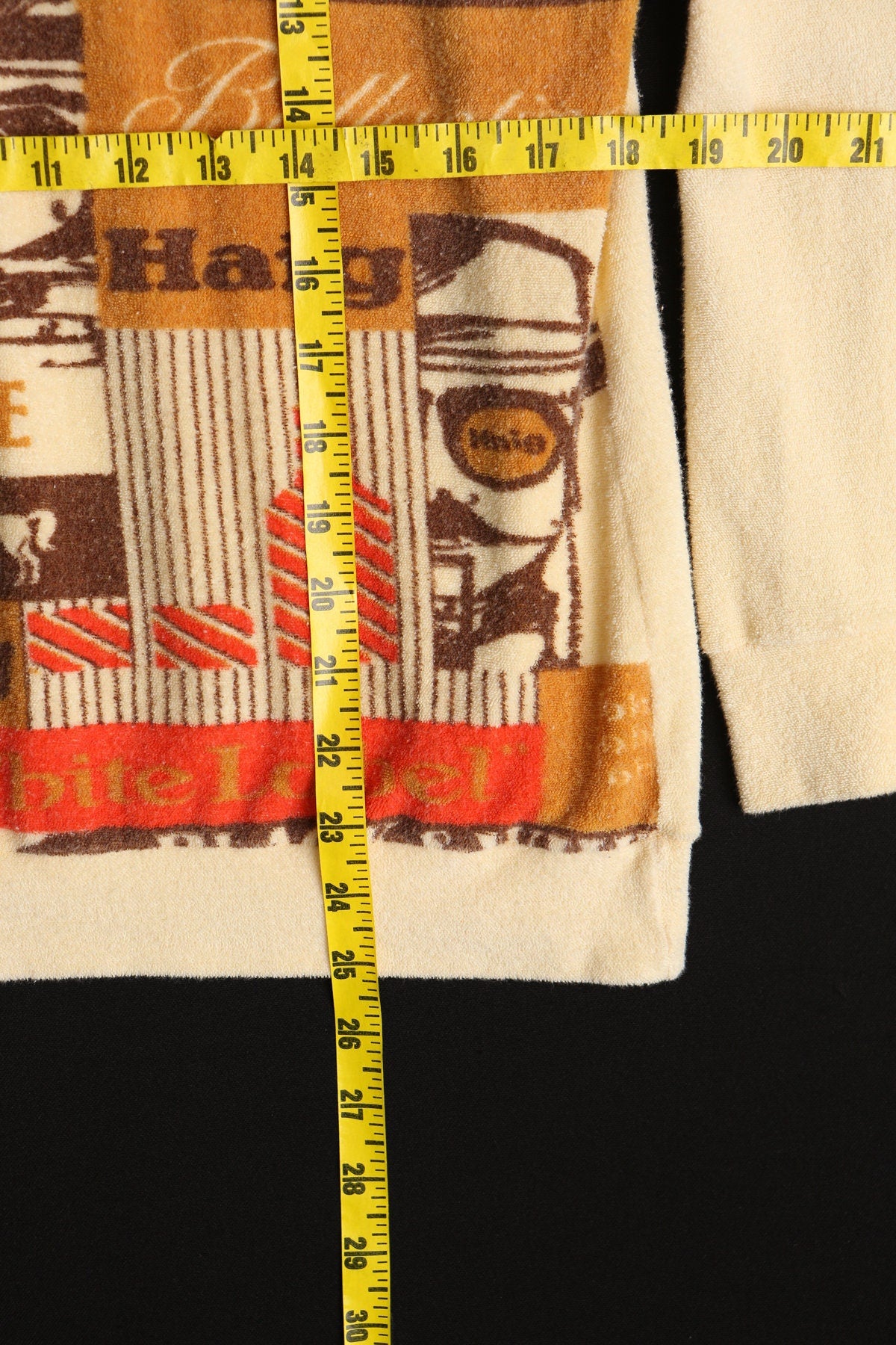 70's Men Beige Velour Graphic Long Sleeve Shirt - White Horse Haig Print