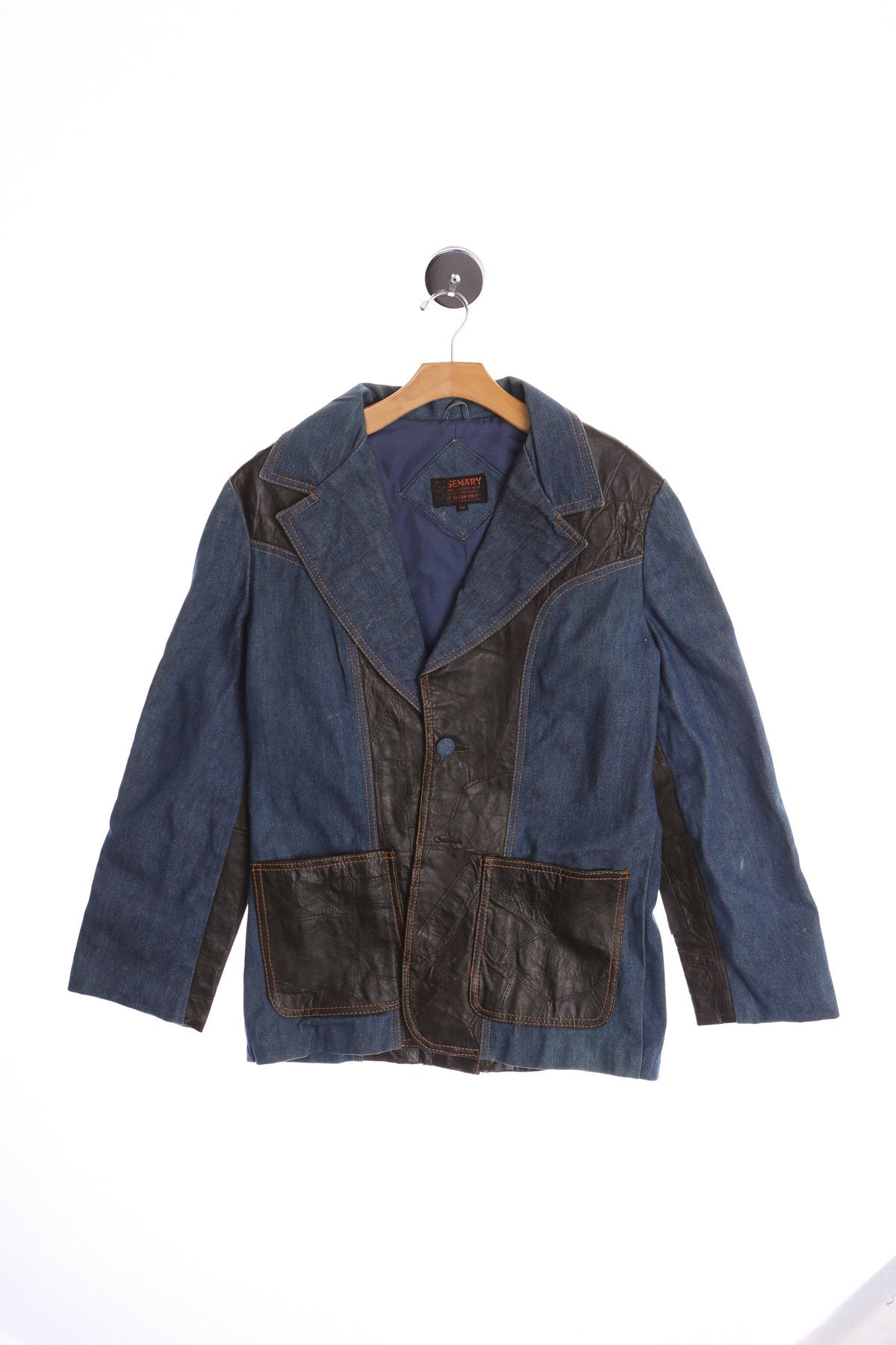 Vintage 70's Denim Blazer With Black Leather Patchwork