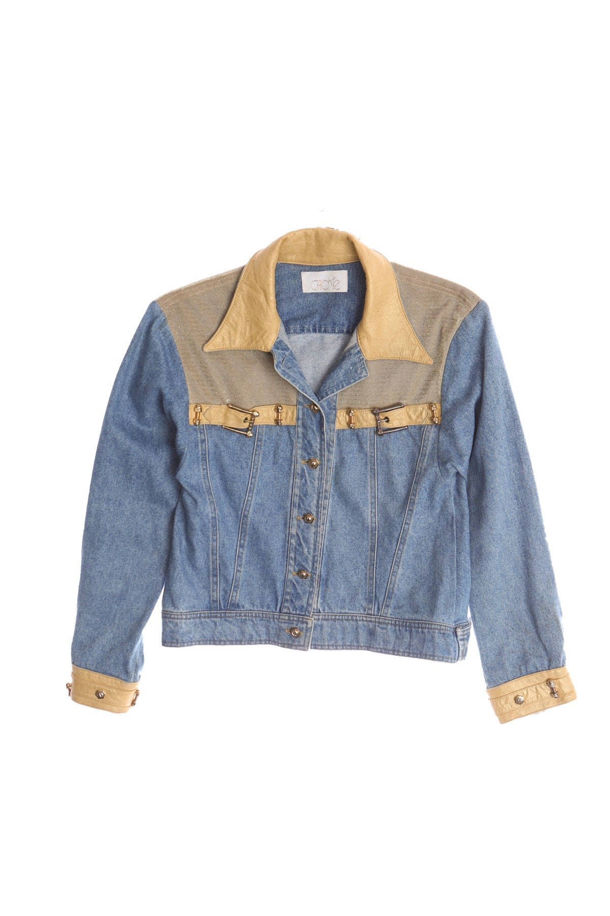 Women 90's Blue Denim Jacket With Leather Collar
