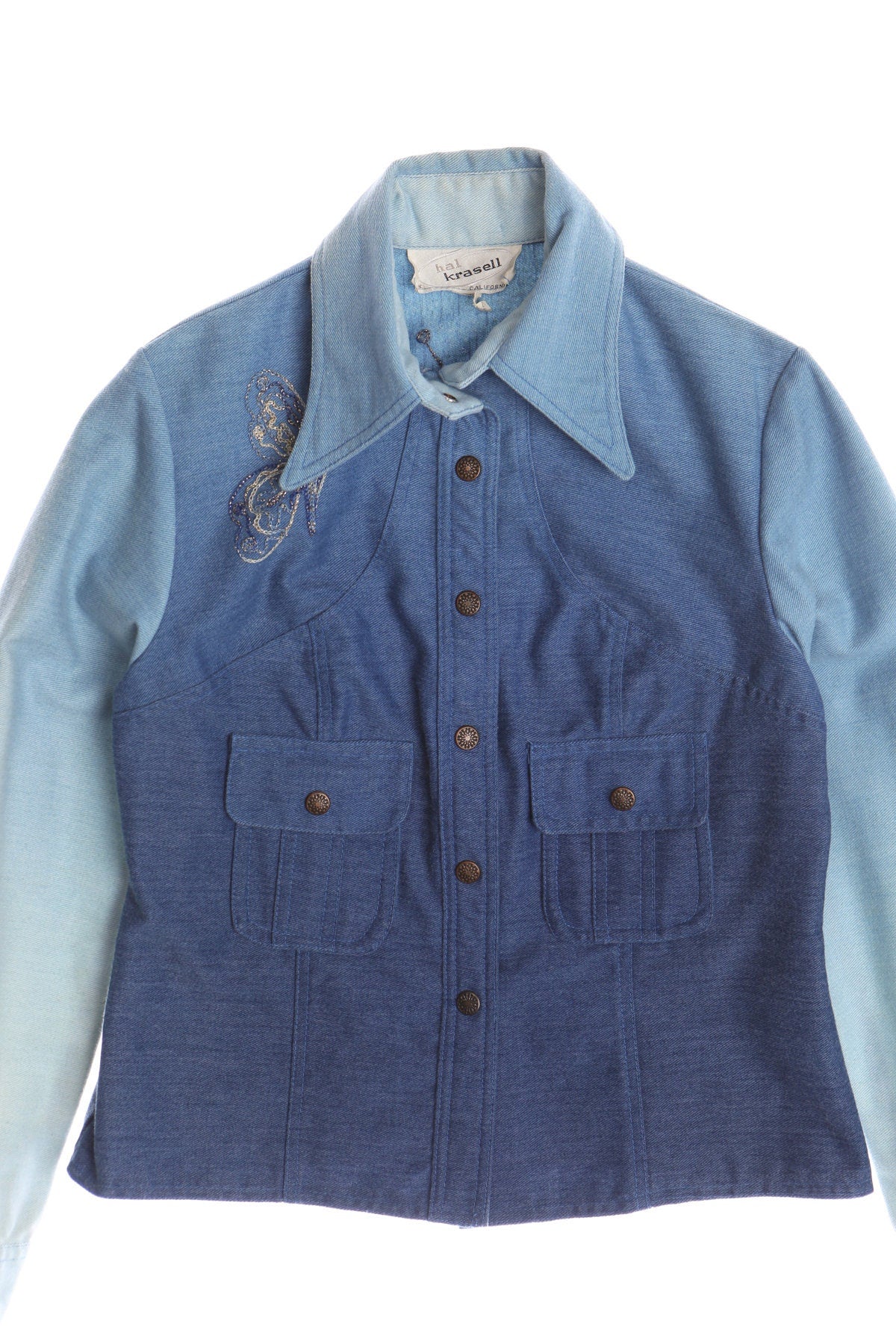 70's Women Blue Jacket With Back Butterfly Embroidery