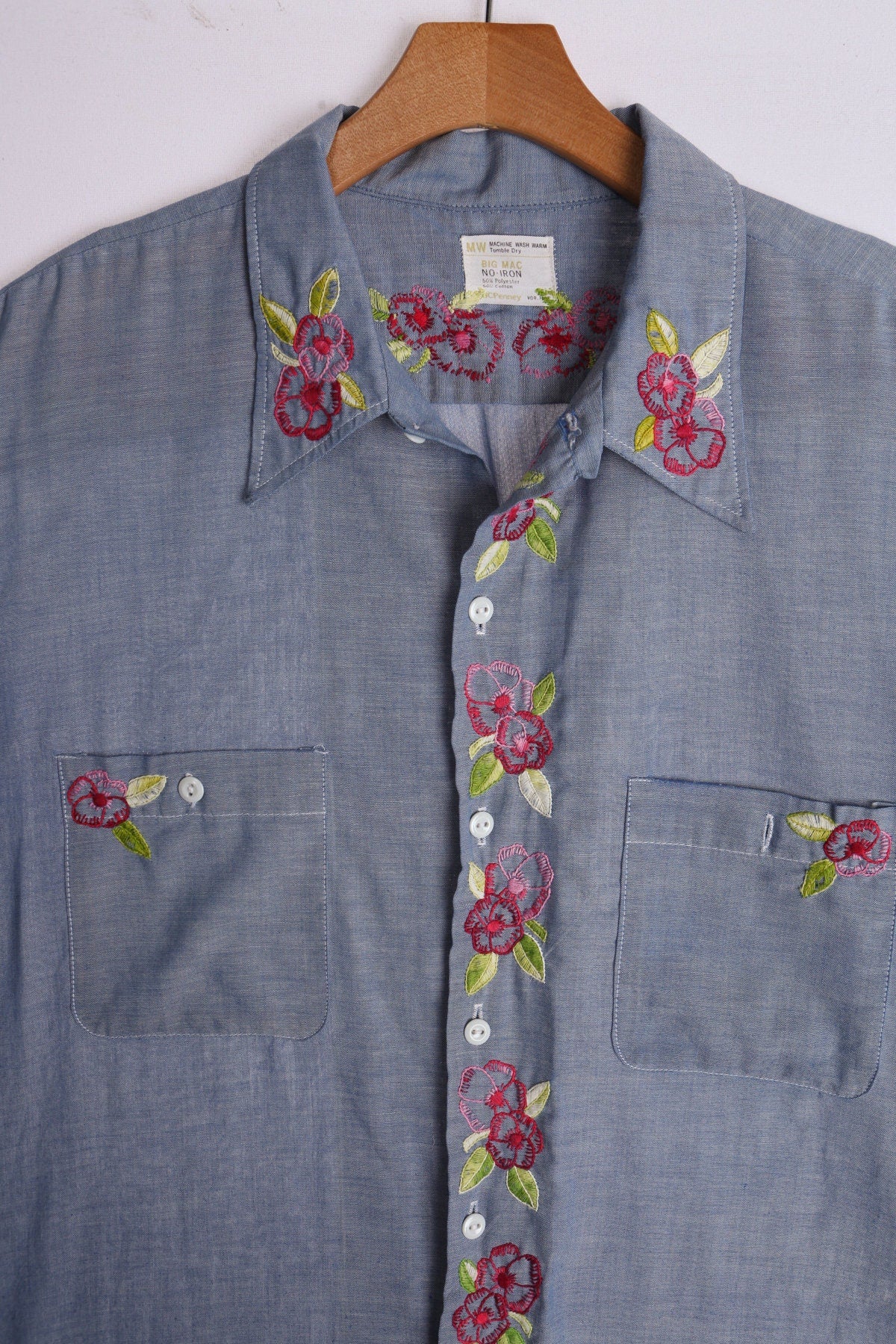 Vintage Men Blue Embroidered Utility Shirt - Era ( 60's - 70's )