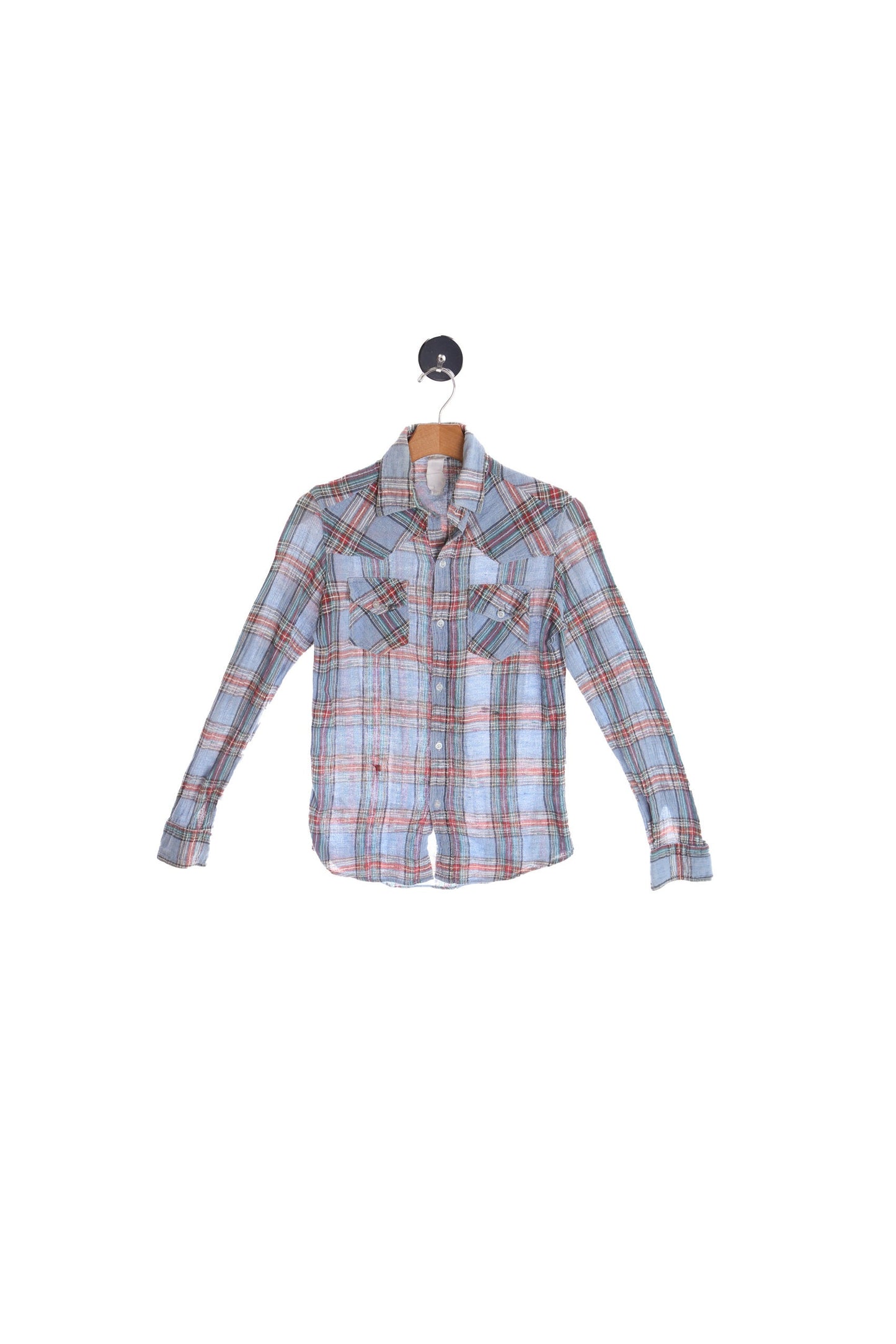 Vintage 70's Men Blue Plaid Button Up Shirt