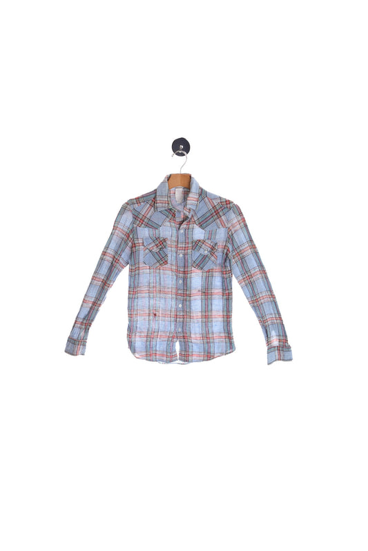 Vintage 70's Men Blue Plaid Button Up Shirt