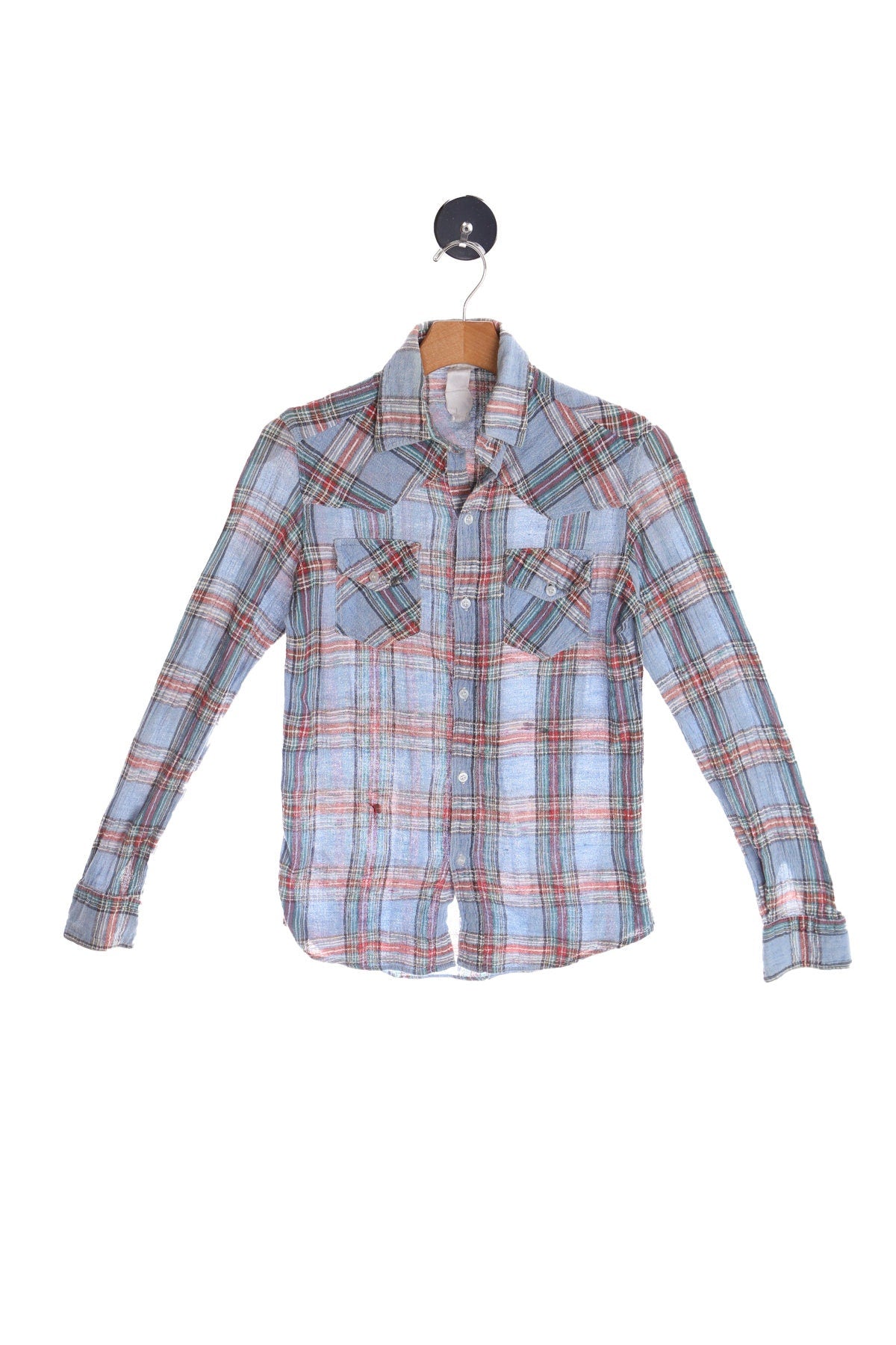 Vintage 70's Men Blue Plaid Button Up Shirt