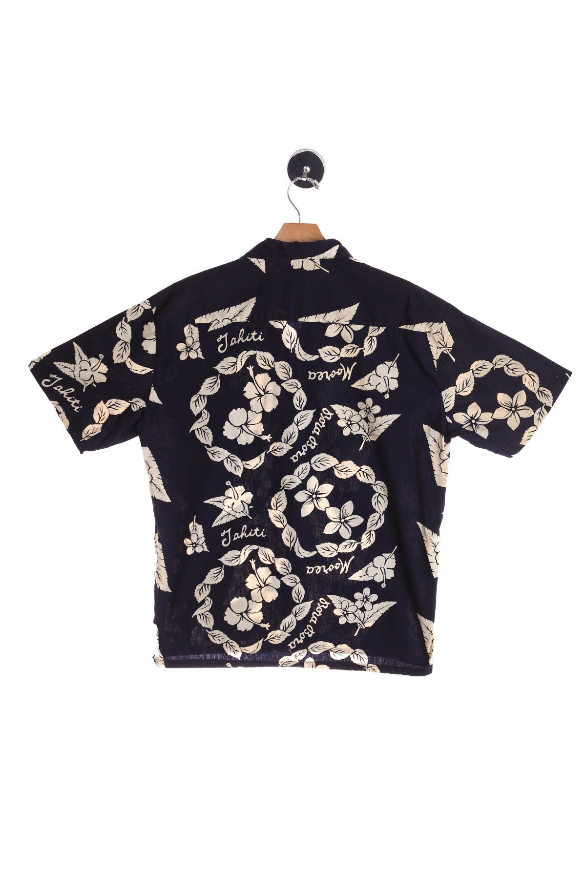 Vintage Men's Blue Hawaiian Shirt With White Plant Print